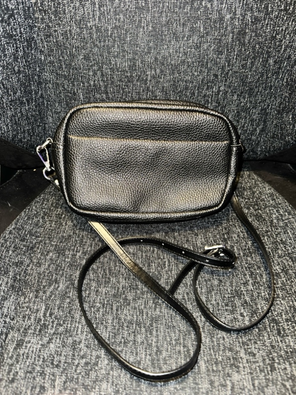 Black pebbled leather camera crossbody bag